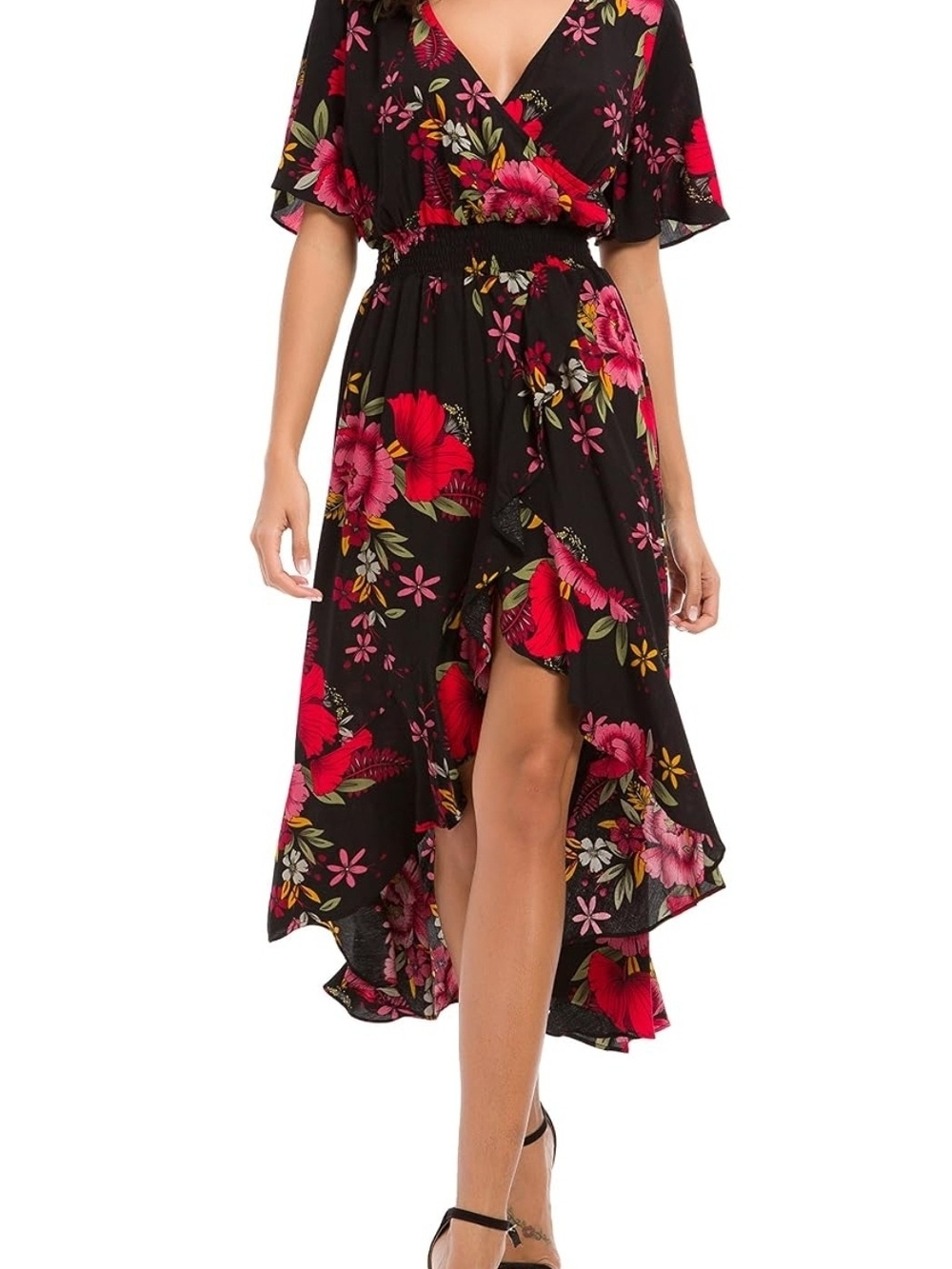 Black Floral Hi-Low Wrap Dress with Pink & Red Blooms